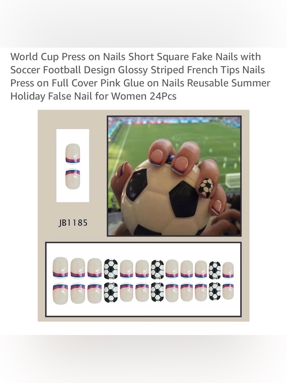 Soccer Football design glossy striped French tips nails press on 24 pcs